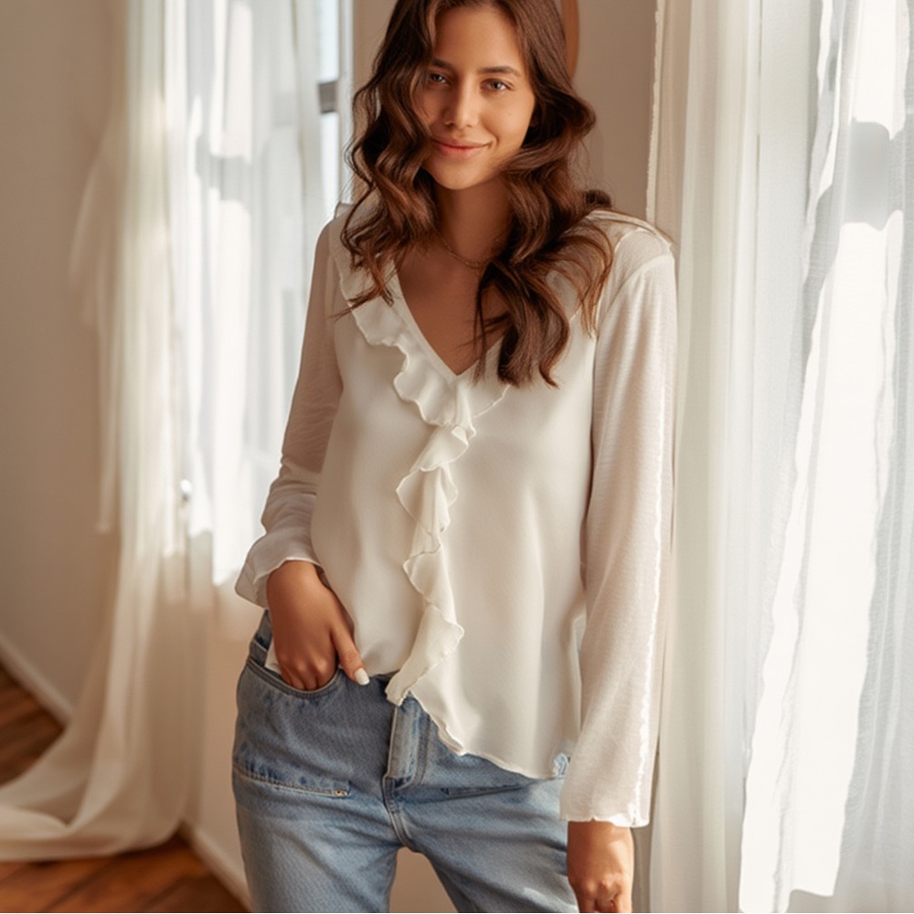 🎽SANDRO PARIS Silk & Linen Cream Ruffled Long Sleeve Blouse